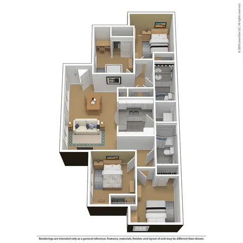 Chic 3D floor plan showcasing 3 bedrooms, a cozy living space, and a modern kitchen with open dining area.