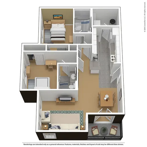 Contemporary 3D floor plan showcasing 2 bedrooms, a cozy living room, modern kitchen, and private balcony access, perfect for comfortable living.