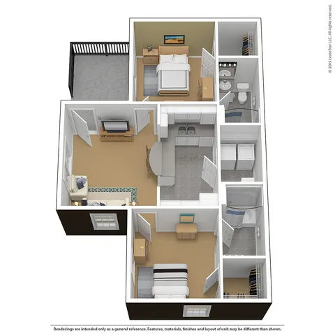 Modern 3D floor plan with 2 bedrooms, open living area, sleek kitchen, and private balcony.