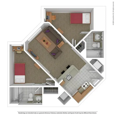 Modern 3D apartment floor plan showcasing 2 cozy bedrooms, a welcoming living room, stylish kitchen with breakfast bar, and 2 sleek bathrooms.