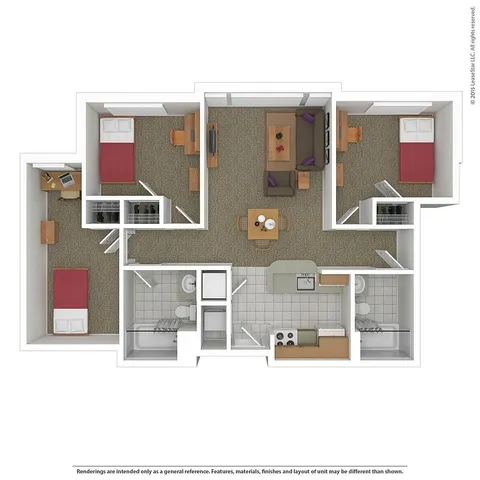 Inviting floor plan featuring three bedrooms, a cozy living area, two bathrooms, and a modern kitchen with dining space.