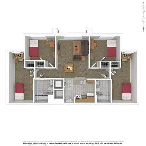 Charming 3D floor plan showcasing 2 bedrooms, a cozy living area, modern kitchen, and dual bathrooms. Ideal open layout for comfortable living.