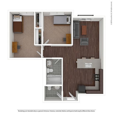 Modern 2D floor plan featuring 2 cozy bedrooms, an expansive living area with sleek hardwood flooring, and a contemporary kitchen for stylish living.