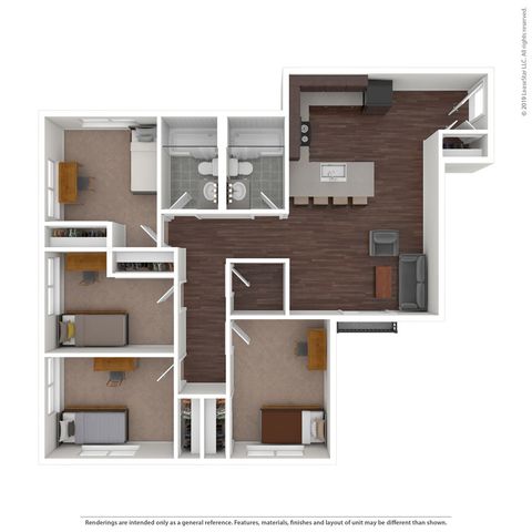 Modern 3D floor plan showcasing a spacious two-bedroom apartment with two bathrooms, open-concept kitchen, and inviting living area.