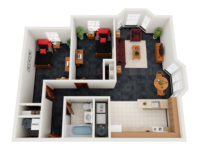 Modern 2D floor plan with 2 cozy bedrooms, inviting living area, sleek kitchen, and dining space, enhanced by large windows and stylish decor.