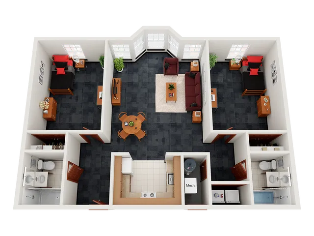 Modern 3D floor plan with two bedrooms, spacious living room, and contemporary kitchen. Includes two bathrooms and elegant dining area, enhanced by ample natural light through large windows.