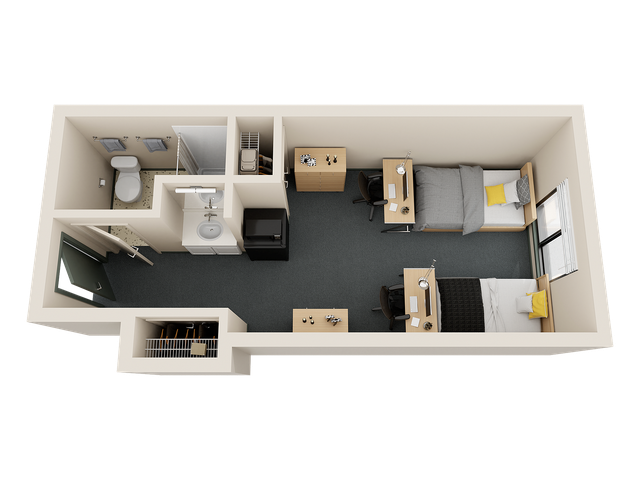 Modern compact 3D floor plan featuring two cozy bedrooms, a shared bathroom, and an efficient layout ideal for comfortable urban living.