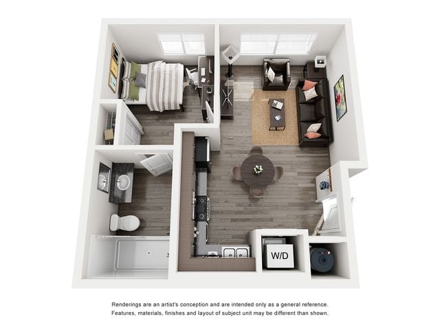 Inviting floor plan showcasing a cozy bedroom, open-concept living room, modern kitchen, and elegant bathroom with a walk-in tub.