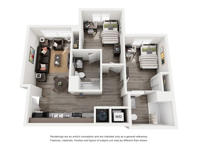 Modern 3D floor plan featuring cozy 2-bedroom layout with an inviting living room, functional kitchen, and stylish furnishings.