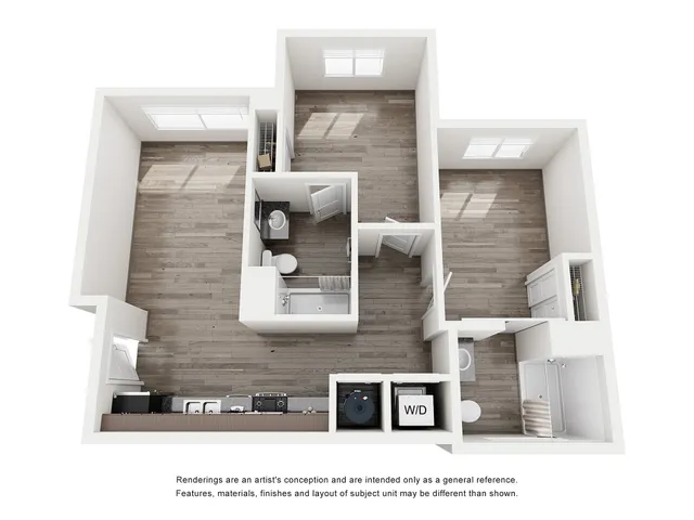 Modern 3D floor plan with 2 bedrooms, 1 bathroom, open kitchen, and laundry area showcasing sleek layout.