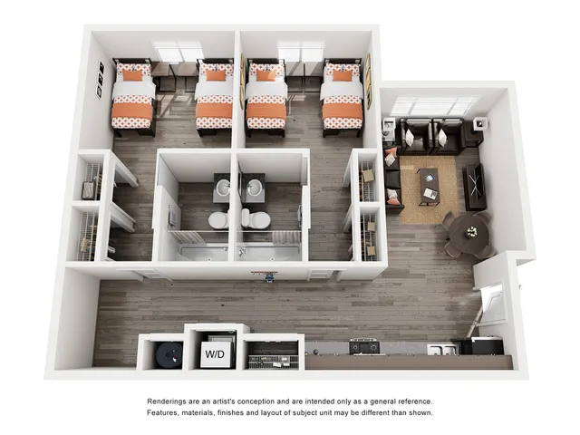 Modern 3D floor plan showcasing three bedrooms, a cozy living area, stylish kitchen, and inviting dining space.