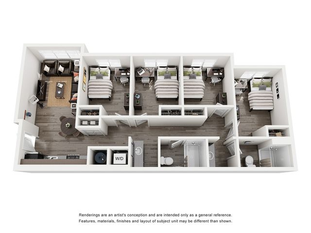 Modern 3D floor plan showcasing 3 cozy bedrooms, elegant living area, and contemporary kitchen with open dining space.