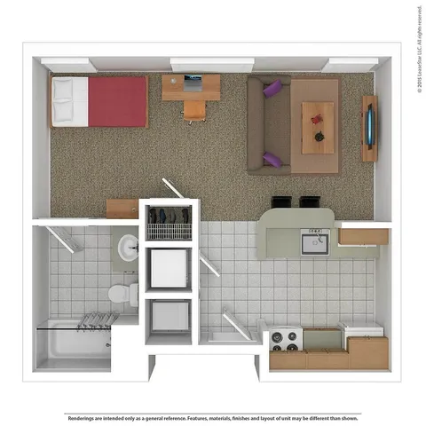 Charming studio apartment floor plan featuring an inviting open living area, modern kitchenette, and cozy sleeping space. Ideal for efficient, contemporary living.