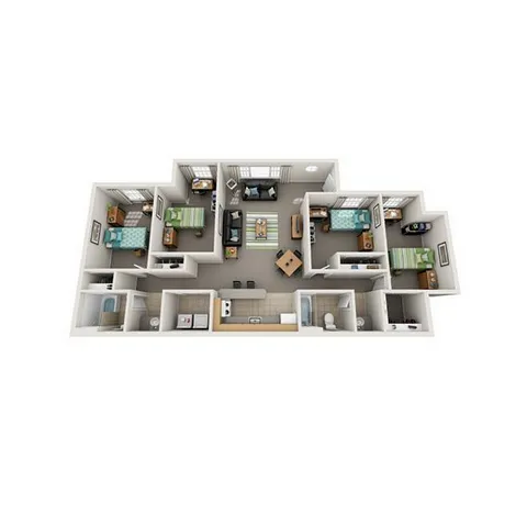Modern 3D floor plan with 3 spacious bedrooms, open living area, and a sleek kitchen, ideal for family living.