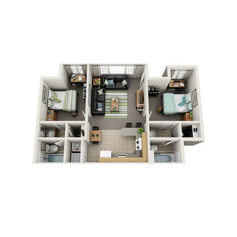 3D floor plan depicting two spacious bedrooms, a welcoming living room, modern kitchen, and elegant bathrooms.