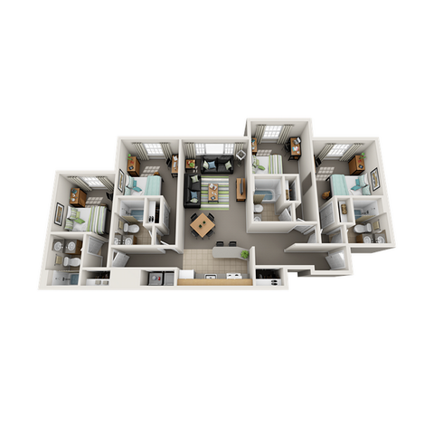 3D floor plan of a modern apartment with three bedrooms, open living area, and well-equipped kitchen.