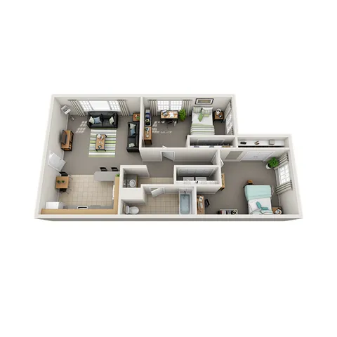3D floor plan showcasing two bedrooms, modern kitchen, and open living area.