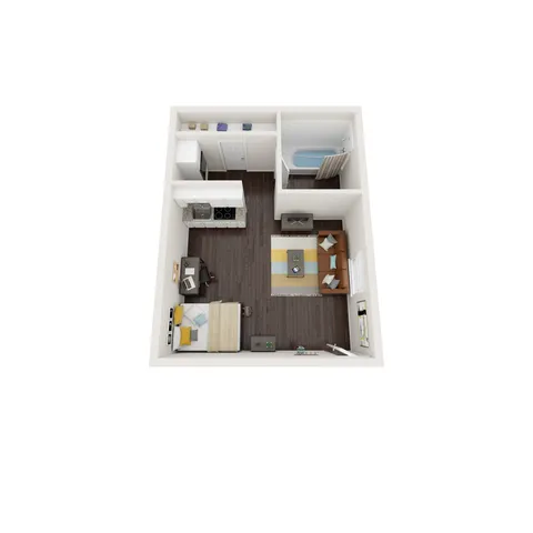 Compact studio floor plan with integrated living area, bedroom space, kitchen, and bathroom.