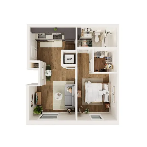 Modern 1-bedroom apartment floor plan with open-concept kitchen and living area, walk-in closet, and in-unit washer dryer.