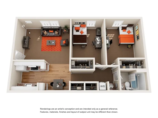 Charming 3D floor plan illustrating 2 bedrooms, a cozy living area with vibrant decor, kitchen with modern appliances, and bathroom, designed for stylish urban living.