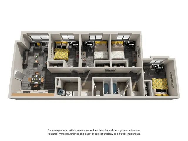 Charming floor plan showcasing 4 cozy bedrooms, modern kitchen, and inviting living area with natural light.