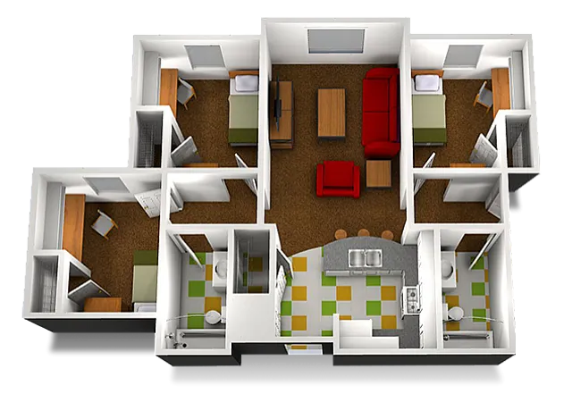 Charming 3D floor plan showcasing three cozy bedrooms, a welcoming living room with stylish seating, and a modern kitchen with distinctive tile flooring.