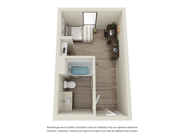 Charming 3D floor plan showcasing a cozy studio apartment with a modern bathroom, inviting bedroom, and functional work desk area.
