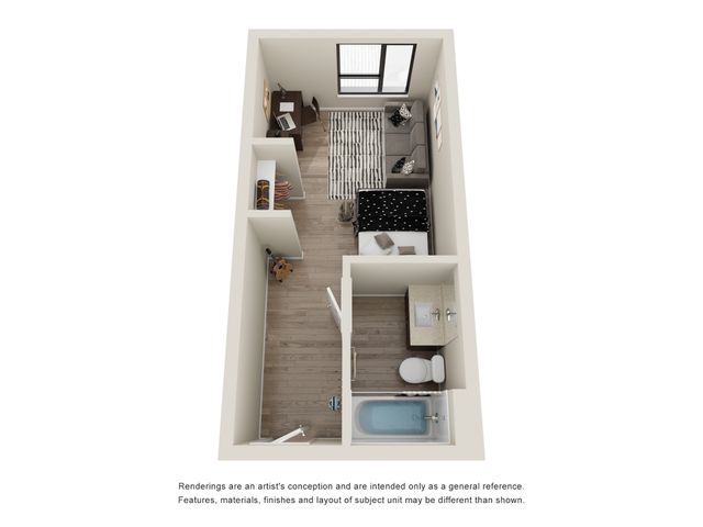 Chic studio apartment floor plan featuring an open living area, cozy bedroom, and modern bathroom with stylish decor.