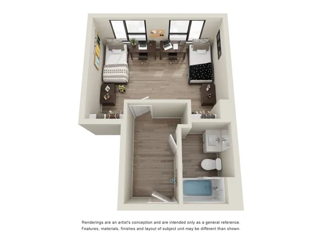 Charming studio apartment 3D floor plan with two cozy beds, modern bathroom, and elegant workspace.