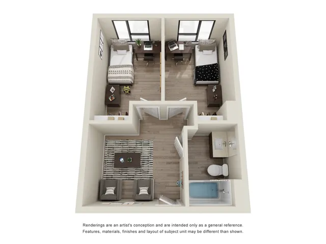 Contemporary 2-bedroom apartment floor plan with open living area, modern bathroom, and large windows for natural light.