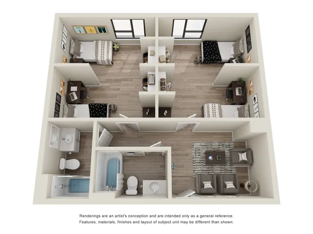 Contemporary 3D apartment layout showcasing two cozy bedrooms, modern bathrooms, and an inviting living space.