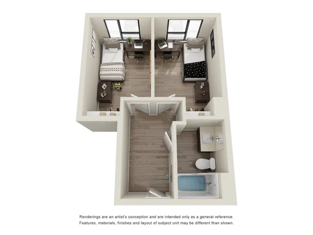 Chic 3D floor plan illustrating a modern 2-bedroom layout with cozy living spaces, elegant interior design, and a well-appointed bathroom.