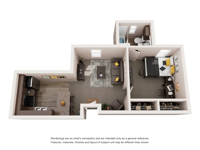 Modern 3D floor plan showcasing a cozy 1-bedroom apartment with an inviting open-concept kitchen and living area, complemented by a sleek bathroom and ample storage space.