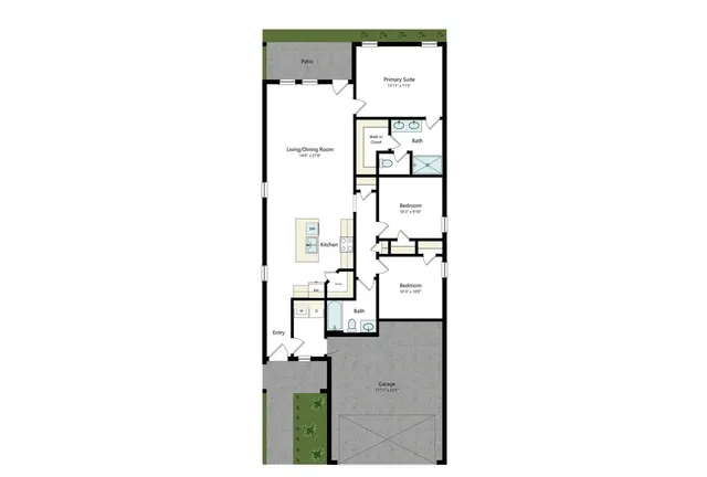 three bedroom, two bathroom floor plan