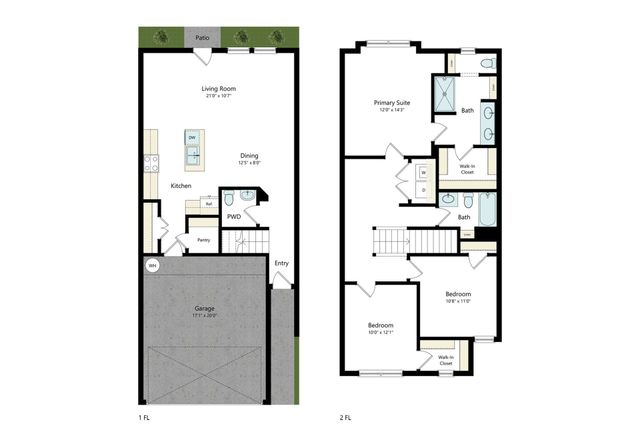 Three bedroom, two and a half bathroom floorplan