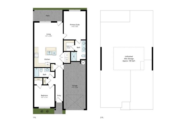 Modern floor plan with 2 bedrooms, spacious living area, kitchen, and garage. Includes primary suite, walk-in closet, and patio access, plus additional attic storage.