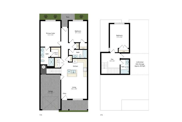 Modern two-story floor plan showcasing 3 bedrooms, versatile flex space, and an open-concept kitchen-living area, complete with garage and a charming patio.