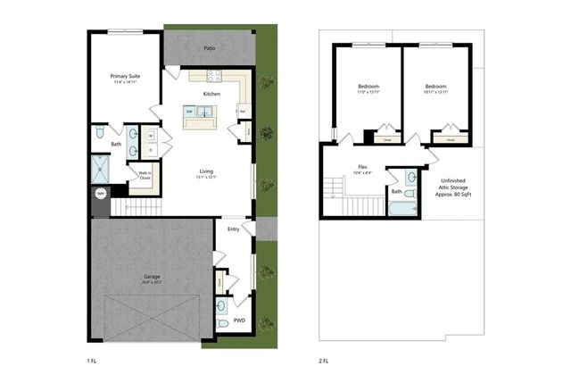Modern two-story floor plan featuring a primary suite, open kitchen, and living area on the first floor, with two bedrooms and a flex space on the second floor.