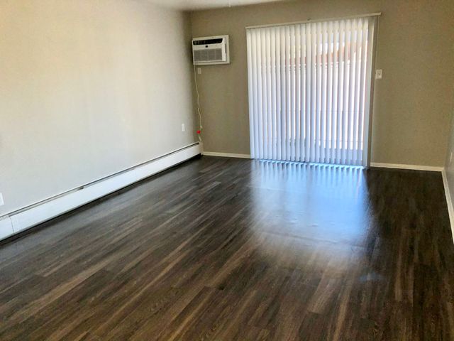 Bright living room with wooden floors, large window with vertical blinds and air conditioning unit.