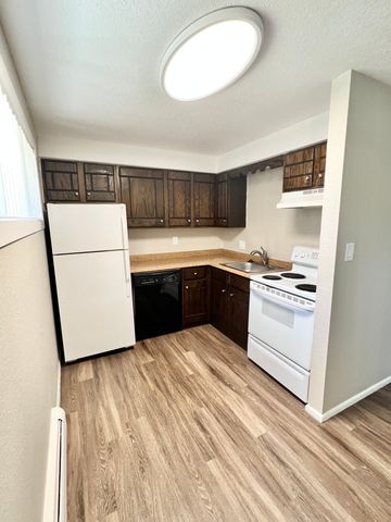 Modern kitchen with sleek wooden cabinets, light wood flooring, and essential appliances.