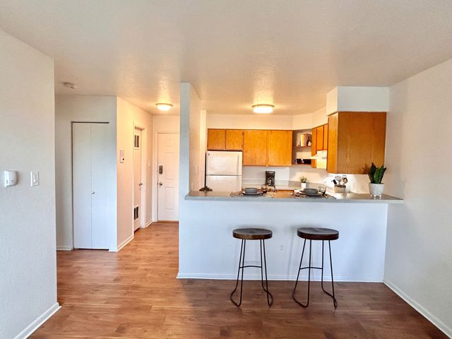 Contemporary apartment kitchen with wooden cabinets, breakfast bar, and elegant wooden flooring.