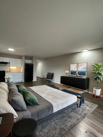Luxurious open-concept studio apartment with modern decor, featuring a spacious bed, sleek kitchenette, and stylish living area with a large TV.