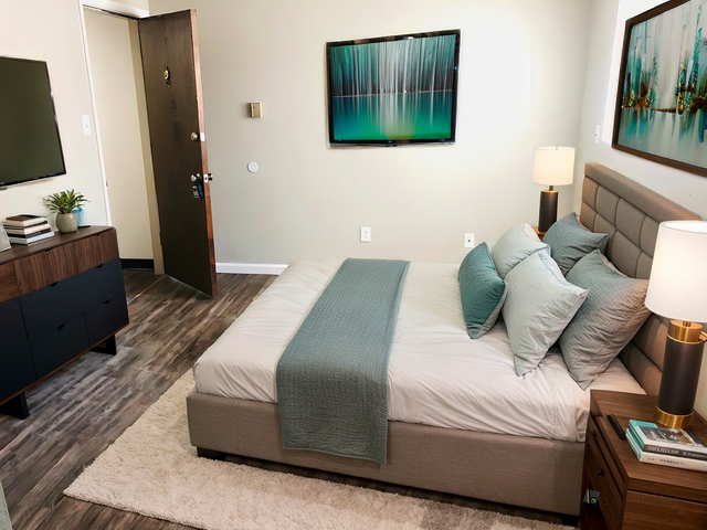 Elegant bedroom with cozy bed, modern decor, and vibrant wall art creating a peaceful retreat ambiance.