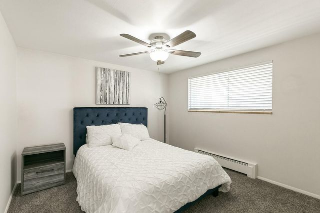 Elegant bedroom with plush navy headboard, modern ceiling fan, and chic decor, offering a serene and inviting atmosphere.