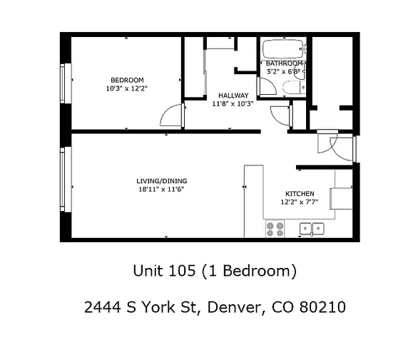 Floor plan of Unit 105 in Denver showcasing 1 bedroom, open living/dining area, kitchen, and bathroom.