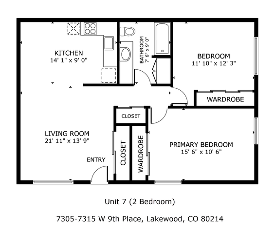 Inviting floor plan of Unit 7 showcasing 2 spacious bedrooms, a generous living room, and a modern kitchen in Lakewood, CO.