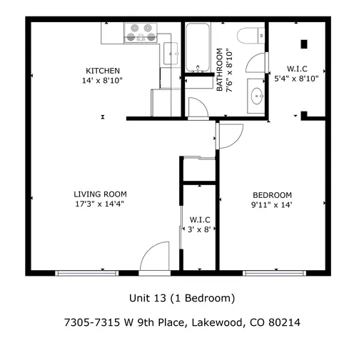 Charming 1-bedroom floor plan featuring an expansive living room, spacious kitchen, and convenient walk-in closets at 7305-7315 W 9th Place, Lakewood, CO.