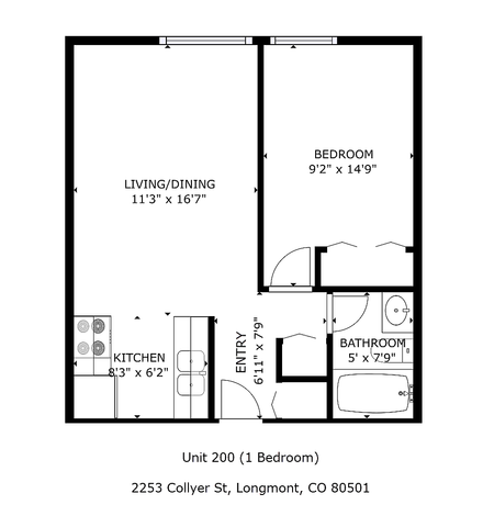 Charming 1-bedroom floor plan with open living/dining area, cozy kitchen, and modern bathroom in Longmont, CO.