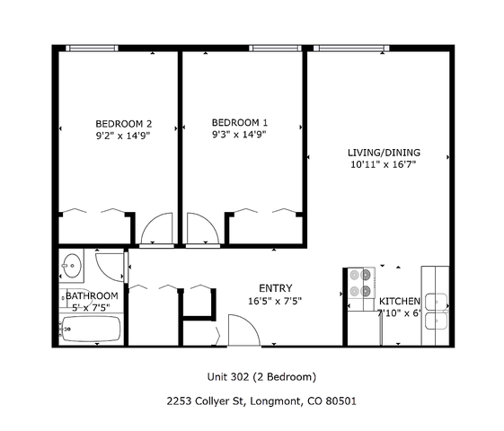 Unit 302 floor plan featuring 2 spacious bedrooms, a generous living/dining area, and a functional kitchen, located at 2253 Collyer St, Longmont, CO 80501.