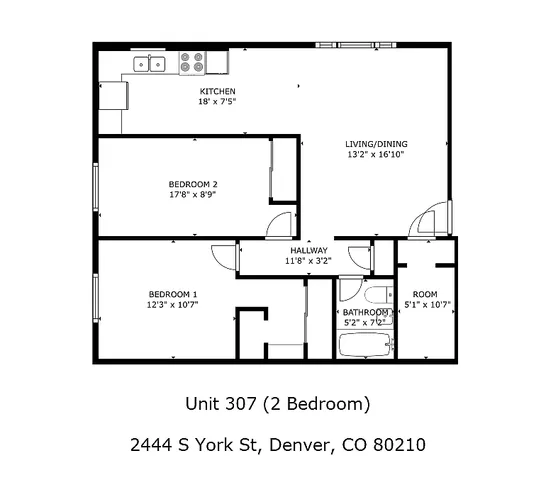Charming 2-bedroom floor plan of Unit 307 featuring a spacious living/dining area, modern kitchen, and well-designed bathroom located at 2444 S York St, Denver, CO 80210.